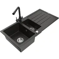 Mexen Andres granieten spoelbak 1,5-kompers met afdruiprek en keukenkraan Duero, zwart/goud - 6515-75-671600-70