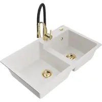 Mexen Tomas granieten spoelbak 2-kamer met keukenmengkraan Aster, wit - 6516-20-73450-57-G