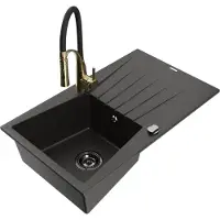 Mexen Cesar granieten spoelbak met 1 bak, afdruiprek en keukenkraan Aster, zwart/goud metallic - 6514-75-73450-57-B