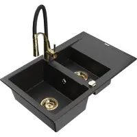 Mexen Gaspar granieten spoelbak 1,5-komor met afdruiprek en keukenkraan Aster, zwart/zilver - 6507-73-73450-57-G