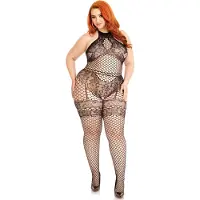 Leg avenue Naadloze Industrial Net halter bodystocking met imitatiekanten lingerie detail.