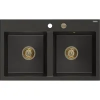 Mexen Hektor granieten spoelbak 2-kamer 800 x 480 , zwart/goud metallic, gouden sifon - 6521802000-75-G