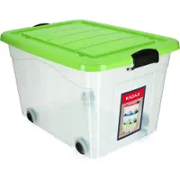 Kadax Kunststof container met wieltjes, 60 liter, groene opbergdoos van kunststof, organizer met deksel, clipbox voor speelgoed, opbergcontainer met kliksluiting