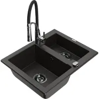 Mexen Carlos granieten spoelbak 1,5-kamer met keukenkraan Aster, zwart/goud metallic - 6518-75-73450-07-B