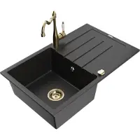 Mexen Bruno granit gootsteen met 1 bak, afdruiprek en keukenkraan Carla, zwart/zilver metallic - 6513-73-670700-50