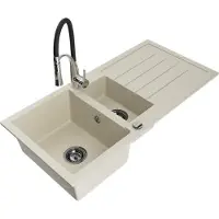 Mexen Andres granieten gootsteen 1,5-komor met afdruiprek en keukenkraan Aster, beige - 6515-69-73450-07-B