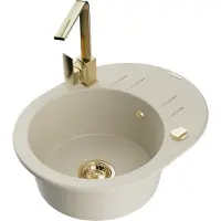 Mexen Kevin granieten spoelbak 1-komerig met druiprek en keukenmengkraan Rita, beige - 6517-69-670300-50