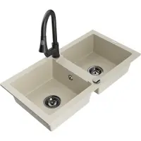 Mexen Mario granieten gootsteen 2-kamer met keukenmengkraan Elia, beige - 6504-69-670101-70