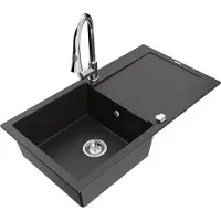 Mexen Leo granieten gootsteen met 1 bak en afdruiprek en keukenmengkraan Elia, zwart/goud metallic - 6501-75-670101-00