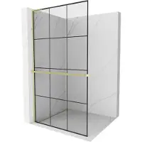 Mexen Kioto+ L douchewand met plank Walk-in 100 x 200 , zwart raster, goud geborsteld - 800-100-123-55-77