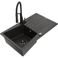 Mexen Cesar granieten gootsteen 1-komor met afdruiprek en keukenkraan Aster, zwart/goud metallic - 6514-75-73450-70-B