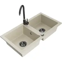 Mexen Mario granieten spoelbak met 2 kamers en Telma keukenkraan, beige - 6504-69-670200-70