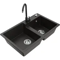 Mexen Tomas granieten gootsteen 2-komorige met keukenkraan Telma, zwart/goud metallic - 6516-75-670200-70