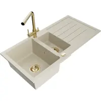 Mexen Andres granieten gootsteen met 1,5 kamers en afdruiprek en Duero keukenmengkraan, beige - 6515-69-671600-50