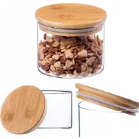 Kadax Glazen container met bamboedeksel, vaatwasmachinebestendige voorraadpotten, luchtdichte voorraaddozen, opbergglas, opbergdoos voor spaghetti, meel, muesli of koffie (rond, 550 ml)