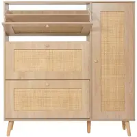 MCW Rieten schoenenrek -M37, schoenenrek schoenenkast, 3 kantelbare vakken, 2 planken, 127x120x24cm, hout melamine ~ eikenlook