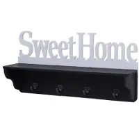 MCW Wandkapstok -D41 Sweet Home, kapstok plank, 4 haken solide 30x60x13cm ~ zwart/wit
