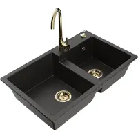 Mexen Tomas granieten gootsteen 2-kamer met keukenkraan Telma, zwart/gouden metallic - 6516-75-670200-50