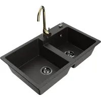 Mexen Tomas granieten spoelbak met 2 compartimenten en Telma keukenkraan, zwart/gouden metallic - 6516-75-670200-50-B