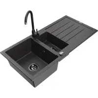 Mexen Andres granieten spoelbak 1,5-kamer met afdruiprek en keukenkraan Telma, zwart gespikkeld - 6515-76-670200-70-B