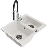 Mexen Carlos granieten spoelbak 1,5-komorige met keukenkraan Aster, wit - 6518-20-73450-07-B
