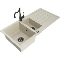 Mexen Andres granieten spoelbak 1,5-komoren met afdruiprek en keukenmengkraan Carla, beige - 6515-69-670700-70