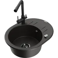 Mexen Kevin granieten spoelbak 1-kompartment met afdruiprek en keukenkraan Duero, zwart/goud metallic - 6517-75-671600-70-B