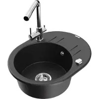Mexen Kevin granieten spoelbak 1-komor met afdruipplaat en keukenkraan Duero, zwart/zilveren metallic - 6517-73-671600-00