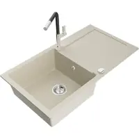 Mexen Leo granieten spoelbak 1-komors met afdruiprek en keukenkraan Flora, beige - 6501-69-670401-07
