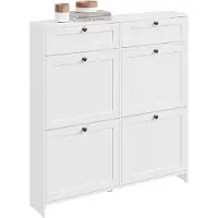SoBuy Schoenenkast voor ingang, schoenenkast met 2 laden en 4 opklapbare deuren, praktische opslag voor 12 paar schoenen, wit, MDF E1, ideaal voor kleine ruimtes - FSR208-W