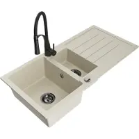 Mexen Andres granieten gootsteen 1,5-kamer met afdruiprek en keukenmengkraan Aster, beige - 6515-69-73450-70-B