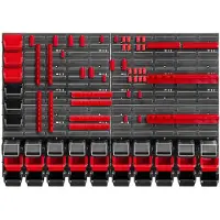Kadax Werkplaatswandrek, 116 x 78 cm, opslagsysteem van robuust kunststof, uv-bestendig werkplaatsrek, uitbreidbare wandplaten, opbergrek voor garage, rood en zwart, 80 stuks