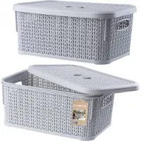 Kadax Opbergmand met deksel 6 liter opbergkist van kunststof rechthoekige mand voor opslag badkamer keuken kinderkamer opbergdoos grijs set van 2 29 x 20 x 12 5 cm