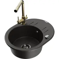 Mexen Kevin granieten gootsteen 1-kompartment met afdruiprek en keukenkraan Duero, zwart/goud metallic - 6517-75-671600-50-B