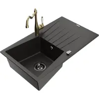 Mexen Cesar granieten spoelbak 1-compartiment met afdruiprek en keukenkraan Carla, zwart/goud metallic - 6514-75-670700-50-B
