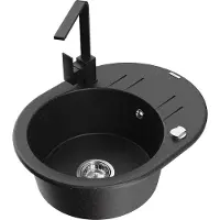 Mexen Kevin granieten spoelbak met 1 bak, afdruiprek en Rita keukenkraan, zwart/zilver metallic - 6517-73-670300-70