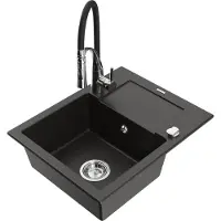 Mexen Enzo granieten spoelbak 1-komers met afdruiprek en keukenmengkraan Aster, zwart/goud metallic - 6506-75-73450-07