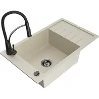 Mexen Elias granieten spoelbak 1-komerig met afdruiprek en keukenkraan Aster, beige - 6511-69-73450-70-B