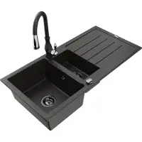 Mexen Andres granieten spoelbak 1,5-komorige met afdruiprek en keukenkraan Savita, zwart/goud - 6515-75-672601-70-B