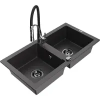 Mexen Mario granieten gootsteen 2-kamer met keukenkraan Aster, zwart gespikkeld - 6504-76-73450-07-B