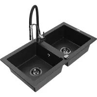 Mexen Mario granieten spoelbak 2-kamer met keukenmengkraan Aster, zwart/zilver metallic - 6504-73-73450-07-B