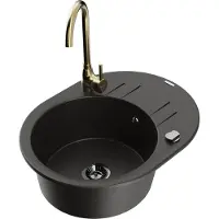 Mexen Kevin granieten spoelbak 1-compartiment met afdruiprek en keukenkraan Telma, zwart/goud metallic - 6517-75-670200-50-B