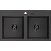 Mexen Hektor granieten spoelbak met 2 koen 800 x 480 , zwart gespikkeld, zwarte sifon - 6521802000-76-B