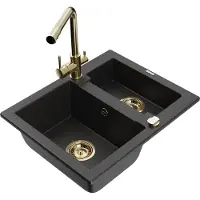 Mexen Carlos granieten gootsteen 1,5-komor met keukenmengkraan Duero, zwart/zilveren metallic - 6518-73-671600-50