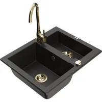 Mexen Carlos granieten gootsteen 1,5-kamer met keukenkraan Telma, zwart/gouden metallic - 6518-75-670200-50