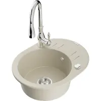 Mexen Kevin granieten spoelbak 1-komoers met afdruiprek en keukenmengkraan Savita, beige - 6517-69-672601-00