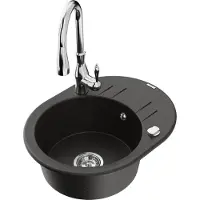 Mexen Kevin granieten spoelbak 1-kamer met afdruiprek en keukenmengkraan Savita, zwart/gouden metallic - 6517-75-672601-00