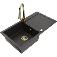 Mexen Leo granieten spoelbak 1-kompartement met afdruiprek en keukenmengkraan Elia, zwart/gouden metallic - 6501-75-670101-50