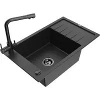 Mexen Elias granieten spoelbak met 1 bak, afdruiprek en Duero keukenkraan, zwart/zilver metallic - 6511-73-671600-70-B