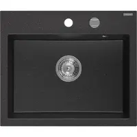 Mexen Oscar granieten gootsteen 1-komor 580 x 490 , zwart/zilver metallic, chroom sifon - 6519581000-73